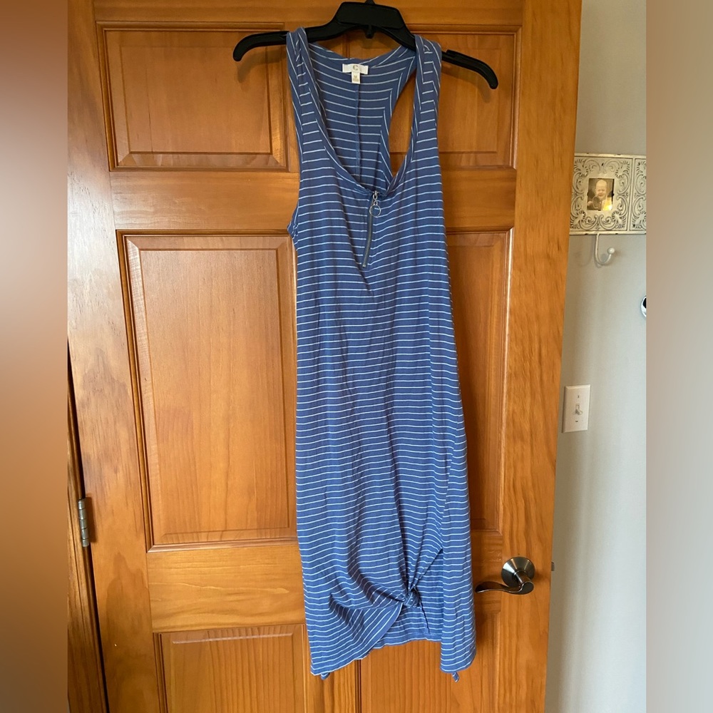 Blue and white striped shift dress